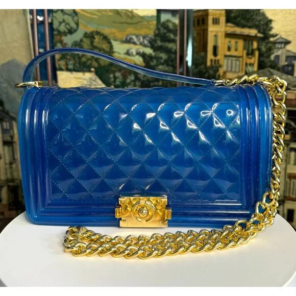 Blue Jelly Shoulder Bag With Chain Strap - Picture 1 of 13